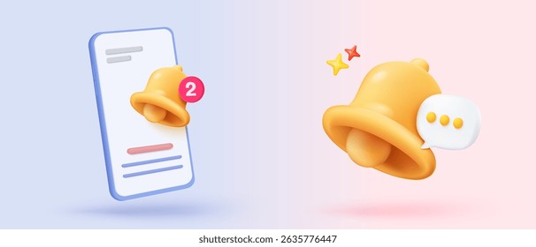 O ícone do aplicativo 3D assina com aviso bolha de fala de alerta por push, aviso de push de conversa social online, aplicativo em branco de anúncio, bate-papo com as mídias sociais. botões de lembrete 3d ícones renderizar ilustração de vetor