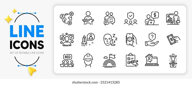 3d app, Winner podium and Teacher line icons set for app include Checklist, Video conference, Election candidate outline thin icon. Online auction, People insurance, Foreman pictogram icon. Vector