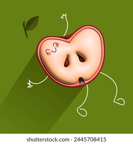 3D apple character design with flat arms and legs. Cartoon style apple character cheerful, smiling. Bright colors. Template for poster, banner, postcard