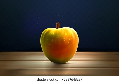 manzana 3d sobre una mesa de madera y fondo azul. Ilustración del vector. Eps 10