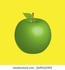 maçã 3D com fundo amarelo, ilustração, vetor. Maçã Verde Realista E Folha Verde No Fundo Cor. Fundo Gráfico Apple 3D. Conceito De Design Para Gráfico, Banners, Papel De Parede