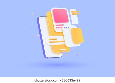 3D Application Development and UI-UX design Concept, Smartphone app design layout interface. 3D Vector illustration