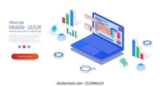 3d Application of laptop with business graph and analytics data on isometric laptop. Analysis trends and financial strategy by using infographic chart. SEO Optimization, web analytics. Vector