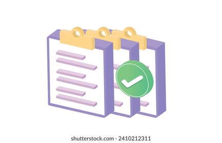 Icono de Documentos Aprobados 3D Aislados. Pila de hojas con marca de verificación de aprobación Render. Concepto comercial de documento verificado, confirmado o aprobado. Contrato comercial.