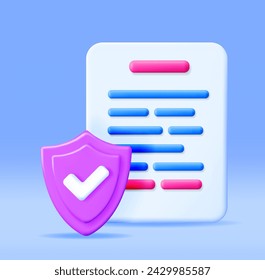 3D Approved Documents Papers Icon Isolated. Sheets with Approval Check Mark in Shield Render. Business Concept of Verified, Confirmed or Approved Document. Business Contract. Vector Illustration