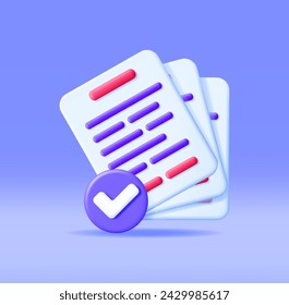 3D Approved Documents Papers Icon Isolated. Stack of Sheets with Approval Check Mark Render. Business Concept of Verified, Confirmed or Approved Document. Business Contract. Vector Illustration