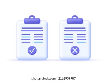 3D Approved and rejected icon isolated on white background. Document, file, checklist, assignment and exam, project plan. Check and cross mark. Can be used for many purposes. Vector in 3d style