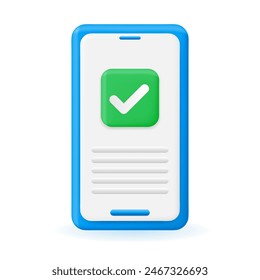 3D Approved Smartphone with check sign. 3d vector icon. Stack of Sheets with Approval Check Mark Render. Approved Document. Business Contract. Business Concept of Verified, Confirmed