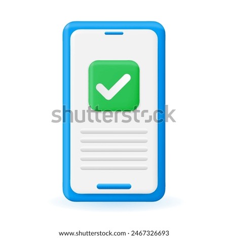 3D Approved Smartphone with check sign. 3d vector icon. Stack of Sheets with Approval Check Mark Render. Approved Document. Business Contract. Business Concept of Verified, Confirmed