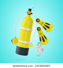 3d Aqualung or Scuba Oxygen Cylinder and Fins Set Cartoon Style Dive Concept. Vector illustration of Diving Equipment