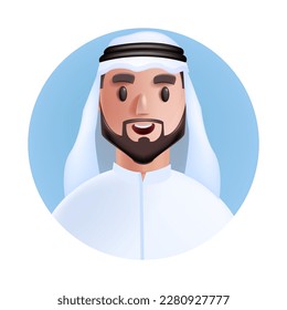 3D Arab man avatar, vector emirate male cartoon character portrait, muslim office businessman, beard. Dubai smiling young teacher, user person face icon circle. Arab avatar happy islam worker