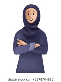 3D Arab woman character, vector muslim female portrait, young girl in traditional hijab abaya. Ethnic smiling business worker avatar, cartoon happy face standing figure. Arab woman illustration