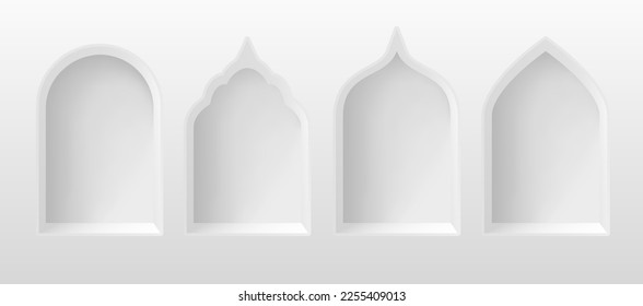 3d arabic arches. White realistic islamic arch, arabesque door or window interior castle or mosque, frames for muslim ramadan eid card paper shape ingenious vector illustration of islamic frame window