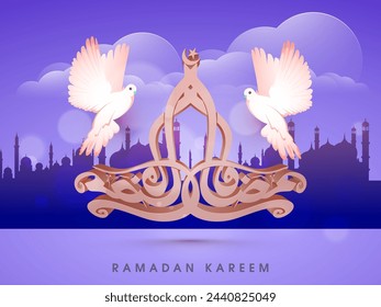 3D arabic calligraphy text of Ramadan Kareem with cute pigeon on mosque silhouette cloudy background for islamic holy month of prayer celebration.