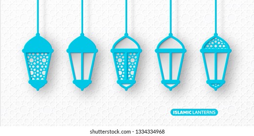 3d arabic hanging lanterns with traditional muslim patterns. Decorative paper cut elements for islamic holidays. Vector illustration.