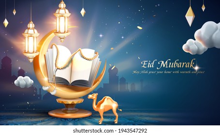 3d arabic holiday greeting banner with glowing crescent and holy book quran over blue mosque silhouette background