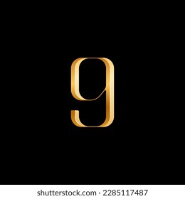 3d Arabic numeral 9 serif alphabet, beautiful elegant golden font classic perfect for logotypes, wedding invitations, or fashion or perfume design, brand etc, vector illustration 10EPS