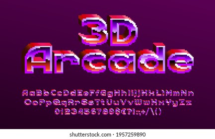 3D Arcade alphabet font. Pixel letters, numbers and punctuations. 80s arcade video game typescript.