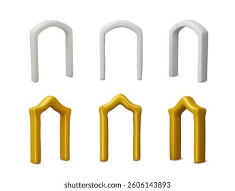 3D arch frames vector set. Golden and white glossy doorways. Vintage curve border design. Realistic gate silhouette in Arabic and classic style. Render oriental architecture forms isolated