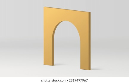 3d arch golden geometric foundation isometric stand for presentation decor element realistic vector illustration. Archway block column construction angular curved rectangle shape studio background