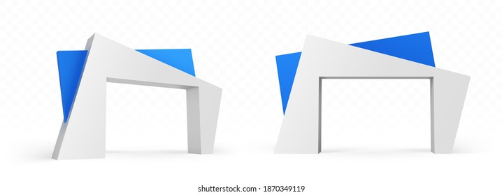 3d arch of modern architecture design, abstract angular blue and white color buildings, gates construction for exterior or interior front and side view, isolated realistic vector illustration, mockup