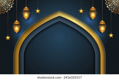 3d arch mosque door slamic ramadan kareem eid mubarak arabic empty horizontal background banner design. Translation. "Muslim fasting month and celebration day after fasting."