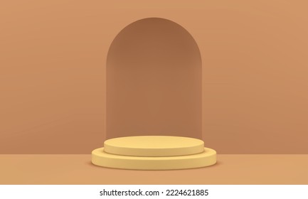 3d arch podium curved window beige platform museum gallery performance studio background realistic vector illustration. Archway level pedestal cylinder foundation for event ceremony award arena design