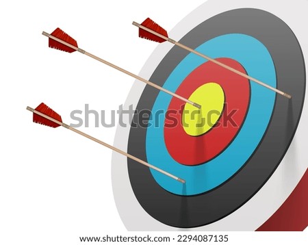 3D Archer Target With Several Arrows In The Center On Blue Background. EPS10 Vector