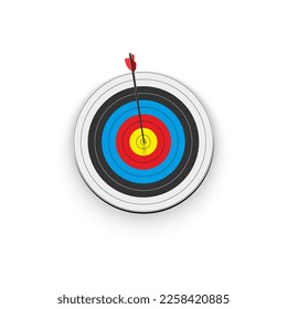 3d archery target with arrow in center, front view vector illustration. Realistic isolated round dartboard with yellow center bullseye, red, black and blue rings to hit with archers darts or arrows.