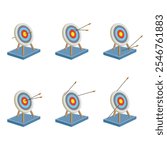 3d archery target with arrows set, front and isometric view vector illustration. Realistic isolated dartboard collection with arrows in bullseye center, archers darts hit or miss circle boards.