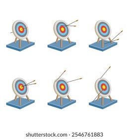 3d archery target with arrows set, front and isometric view vector illustration. Realistic isolated dartboard collection with arrows in bullseye center, archers darts hit or miss circle boards.