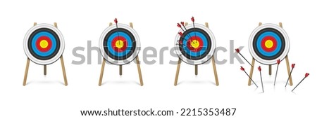 3d archery target with arrows set, front view vector illustration. Realistic isolated dartboard collection with arrows in bullseye center, archers darts hit or miss circle boards on wooden stands