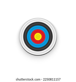 3d archery target, front view vector illustration. Realistic isolated empty round dartboard with yellow center bullseye, red, black and blue rings to hit with archers darts or arrows.