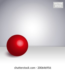 3D Architectural Design. Red ball (sphere) on the desk. Gallery Interior with empty frames on wall
