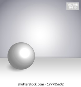 3D Architectural Design. White ball (sphere) on the desk. Gallery Interior with empty frames on wall