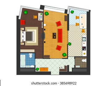 3d architectural plan. Layout of the apartment with furniture. Accommodation with Kitchen, living room and bedroom. Vector illustration of top view