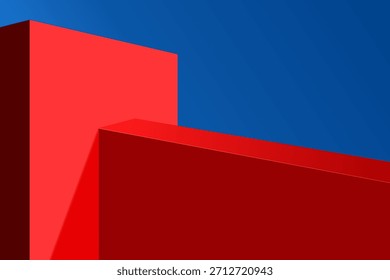 Escena de la arquitectura 3D para la maqueta de la exhibición del producto, pared roja y fondo azul brillante del cielo, diseño de la Ilustración vectorial para el podio mínimo, presentación, escaparate, telón de fondo, Anuncio moderno