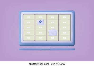 3d Archive File On Computer Screen. Storage Or Catalog Of Documents In Drawers. The Concept Of Online Safety Of Business Documents, Information Search, Electronic Dossier In Boxes. Vector Illustration