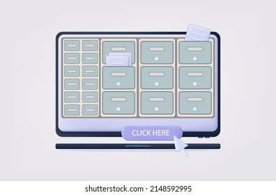 3d archive file on computer screen. Click here button. Storage or catalog of documents in drawers. The concept of online safety of business documents, information search in boxes. Vector illustration