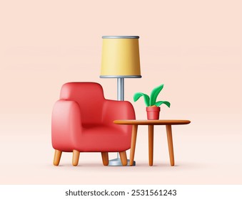 Sillón 3D con lámpara, planta y mesa aislada. Render interior de diseño moderno. Muebles de silla de salón. Elemento interior moderno decorado. Artículo interior para relajarse y trabajar. Ilustración vectorial