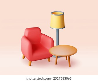 3D armchair with lamp and table isolated. Render interior of modern design. Living room chair furniture. Decorated modern interior element. Interior item for relax and work. Vector illustration