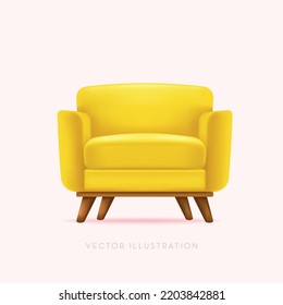 3D Armchair. Yellow chair with wooden legs. Vector minimal style, realistic isolated illustration