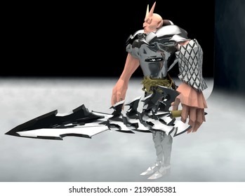 3D gepanzert und Schwertschrei-Kriegersoldat. 3D-Metallrüstung, Schwert, Klauen und Eisenkolak. Starker Rittercharakter. 3D Cartoon Ritter.