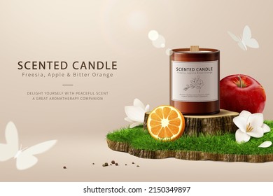 3d aromatic candle promo ad template. Candle mockup displayed on tree stump podium with orange, freesia flower and apple on grass island.