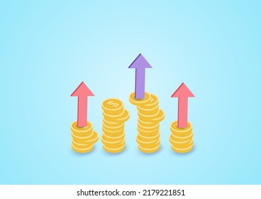 flecha 3D y concepto de moneda en dólares concepto de objetivos de negocio concepto, éxito, inversión marketing. Fondo Pastel. Icono mínimo de dibujos animados. Ilustración del vector
