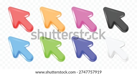 3D Arrow Cursor Icon Set in Red Orange Pink Purple Blue Green White Black Colors. Minimal Mouse Pointer Icons Isolated on White Background Vector Illustration