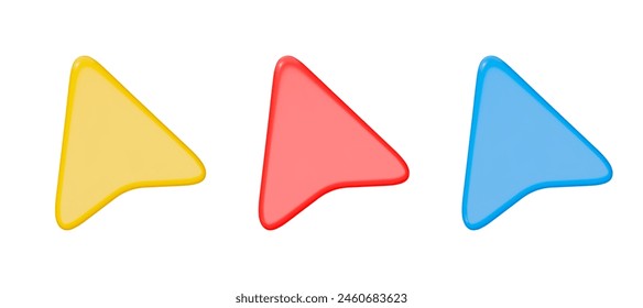 Icono de cursor de flecha 3d colores amarillo, rojo y azul. Estilo de dibujos animados. Ilustración vectorial de stock sobre fondo aislado.
