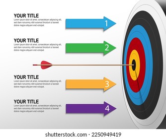 3d Arrow and dartboard with infographic. target step timeline. Business data chart, investment goal, marketing challenge, strategy presentation, achievement diagram. information vector template.