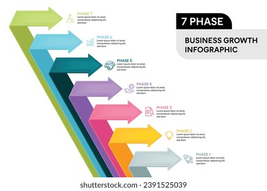 3D-Bogenfalten Infografik-Vektorgrafik. 7 Stufen Business Process Konzept.