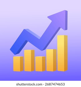 3D Up Arrow and Gold Bar Chart representing Growth Success Business in Financial Investment Stock Market Graph Diagram with Purple Gradient Symbol of Profit and Economic Stock Exchange Concept